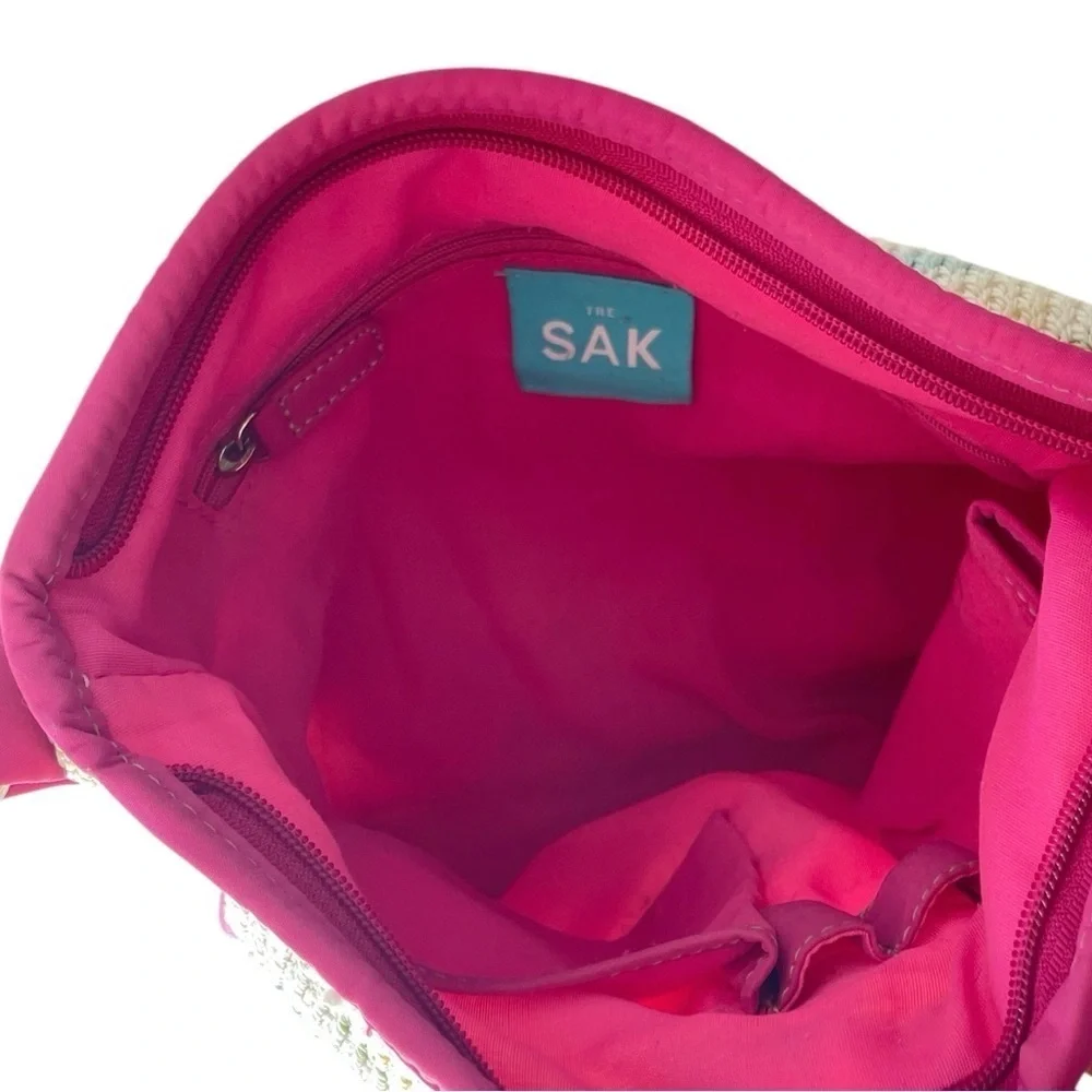 The Sak Rainbow Stripe Crochet Shoulder Bag Pink Trim Adjustable Strap